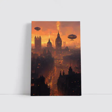 Steampunk London Skyline With Airships Sunset