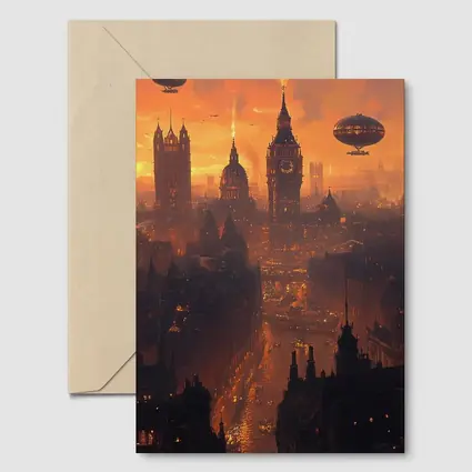Steampunk London Skyline With Airships Sunset