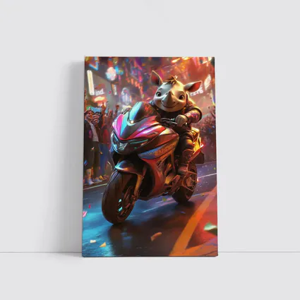 Cartoon Rhino Riding Sport Bike Neon City