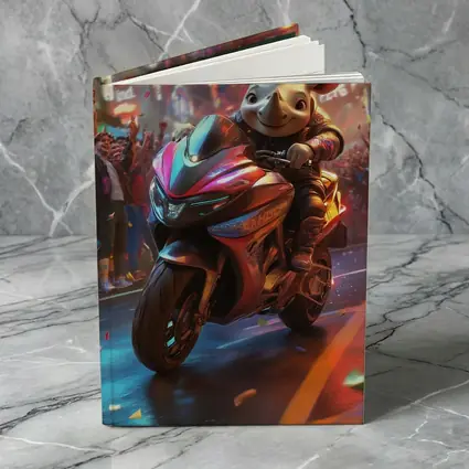 Cartoon Rhino Riding Sport Bike Neon City