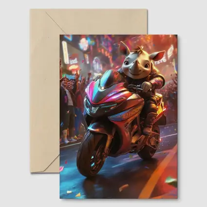 Cartoon Rhino Riding Sport Bike Neon City