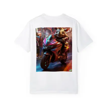 Cartoon Rhino Riding Sport Bike Neon City