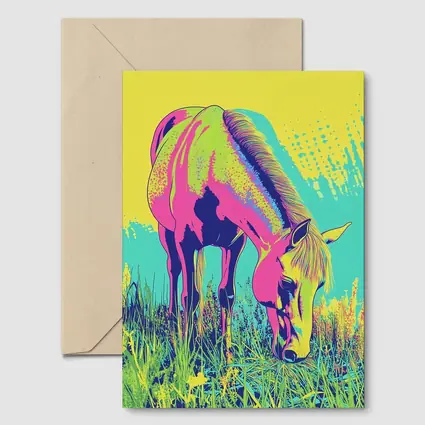 Pop Art Horse Grazing Green Meadow