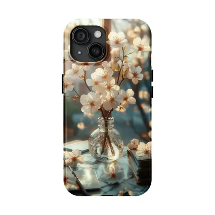 Cherry Blossom Branches Glass Vase Warm Light