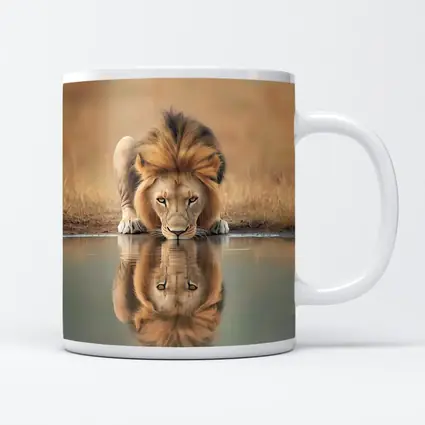 Male Lion Drinking Water Reflection African Savanna