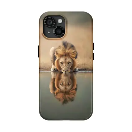 Male Lion Drinking Water Reflection African Savanna
