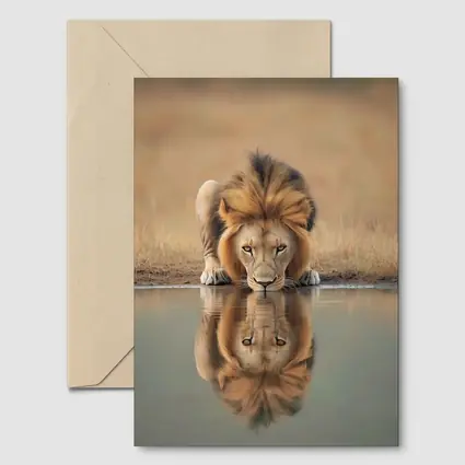 Male Lion Drinking Water Reflection African Savanna