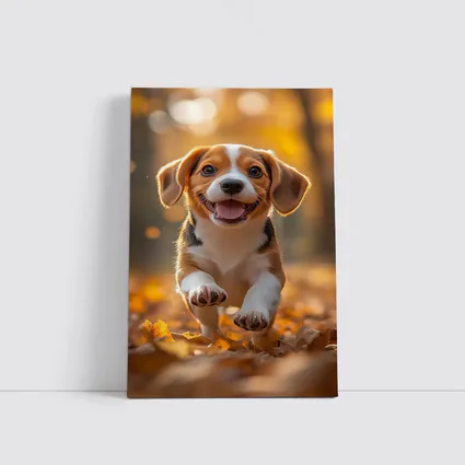 Beagle Puppy Running Autumn Leaves Forest