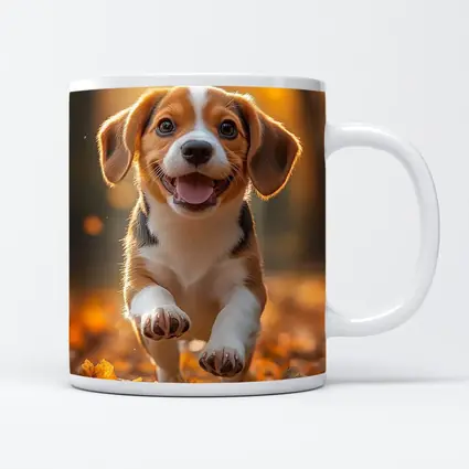 Beagle Puppy Running Autumn Leaves Forest