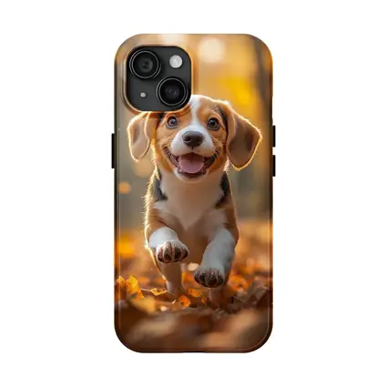 Beagle Puppy Running Autumn Leaves Forest