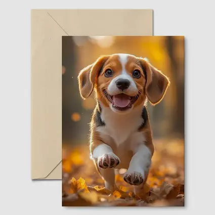 Beagle Puppy Running Autumn Leaves Forest
