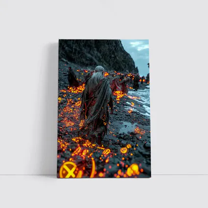 Robed Figures Walking Glowing Runic Dark Shore