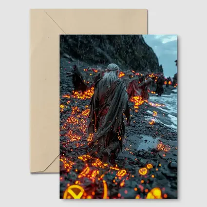 Robed Figures Walking Glowing Runic Dark Shore