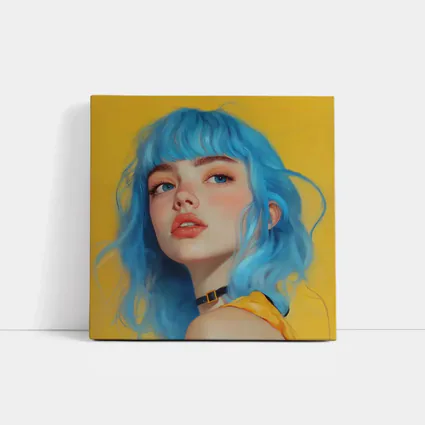 Blue Hair Girl Portrait Yellow Background