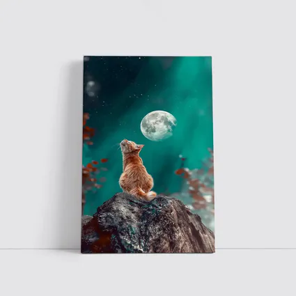 Orange Cat Gazing at Moon Night Sky