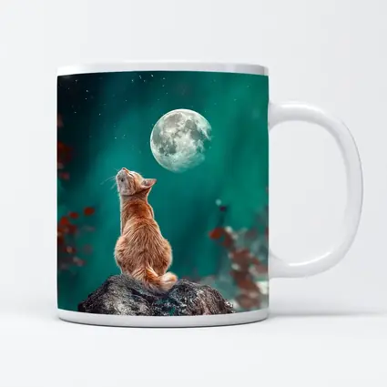 Orange Cat Gazing at Moon Night Sky