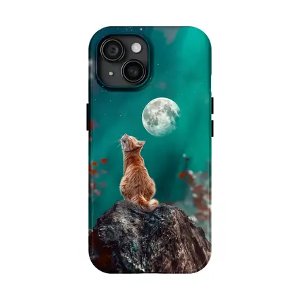 Orange Cat Gazing at Moon Night Sky