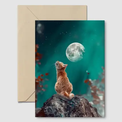 Orange Cat Gazing at Moon Night Sky