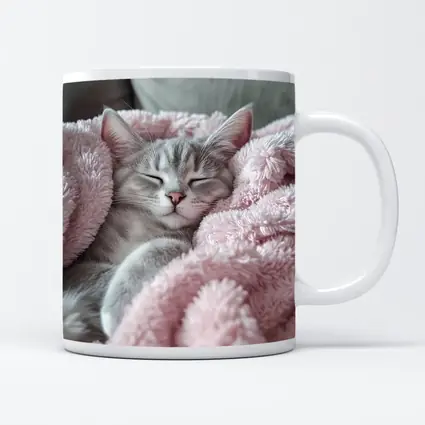 Sleeping Gray Kitten Wrapped Pink Fluffy Blanket