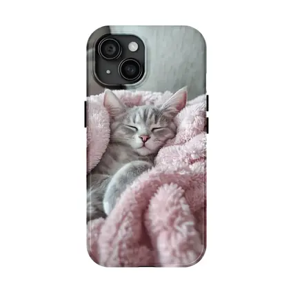 Sleeping Gray Kitten Wrapped Pink Fluffy Blanket