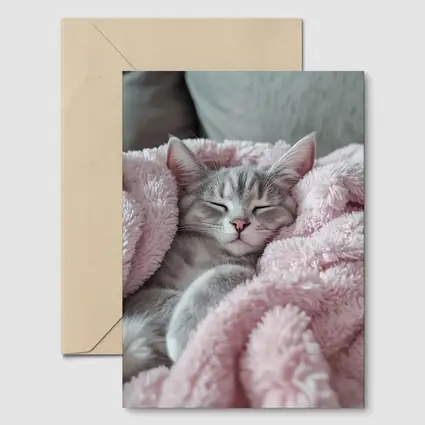 Sleeping Gray Kitten Wrapped Pink Fluffy Blanket