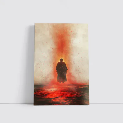 Lone Figure Standing In Red Fiery Mist