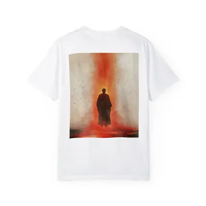 Lone Figure Standing In Red Fiery Mist
