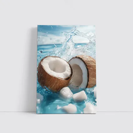 Fresh Coconut Halves Splashing Blue Water