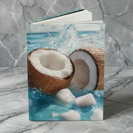 Fresh Coconut Halves Splashing Blue Water
