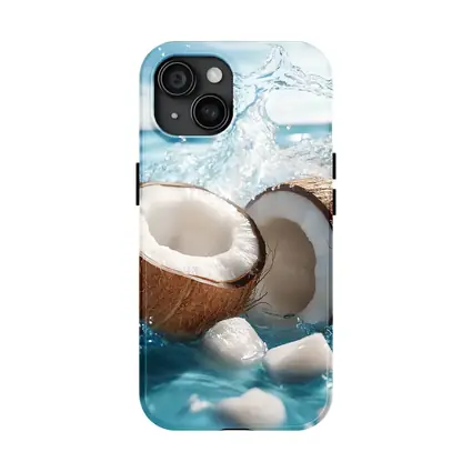 Fresh Coconut Halves Splashing Blue Water