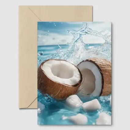 Fresh Coconut Halves Splashing Blue Water