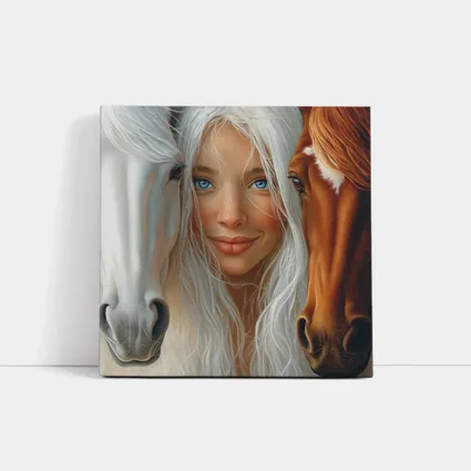 Blue Eyed Girl Between Two Horses