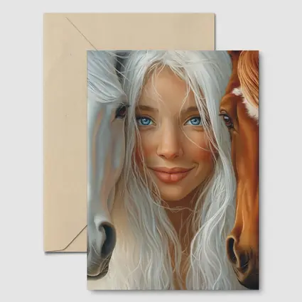 Blue Eyed Girl Between Two Horses