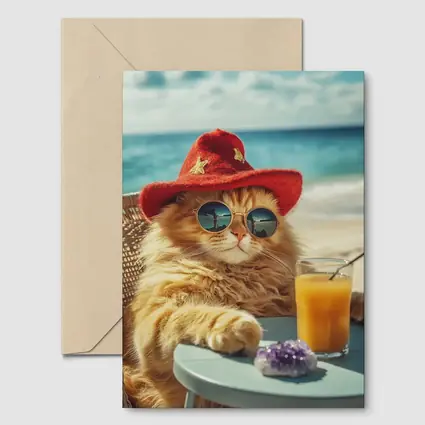 Orange Cat Sunglasses Red Hat Beach
