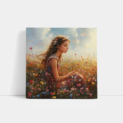 Girl Sitting In Wildflower Field Oil Painting