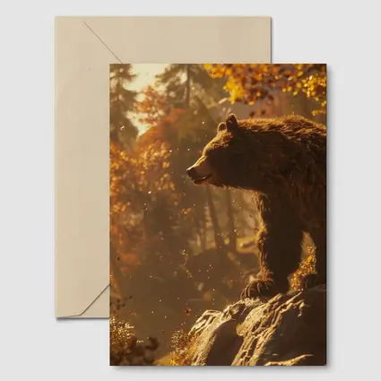 Brown Bear Standing On Rock Autumn Forest