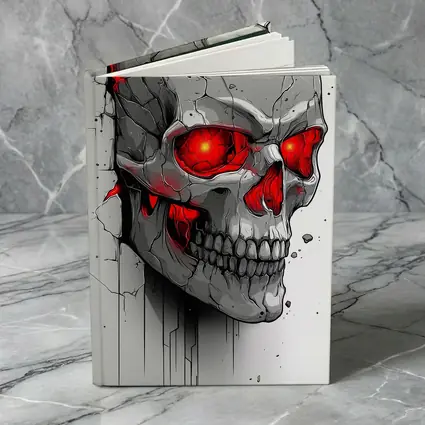 Cracked Stone Skull Glowing Red Eyes Art