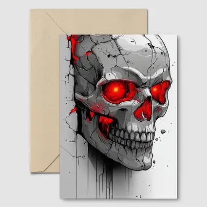 Cracked Stone Skull Glowing Red Eyes Art