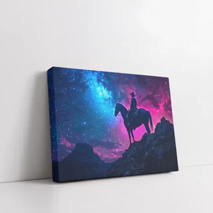 Cowboy Silhouette on Horse Neon Galaxy Sky