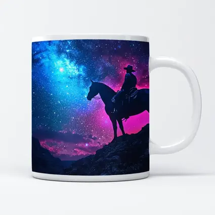Cowboy Silhouette on Horse Neon Galaxy Sky