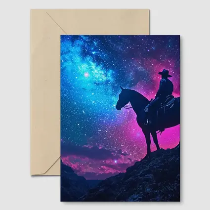 Cowboy Silhouette on Horse Neon Galaxy Sky