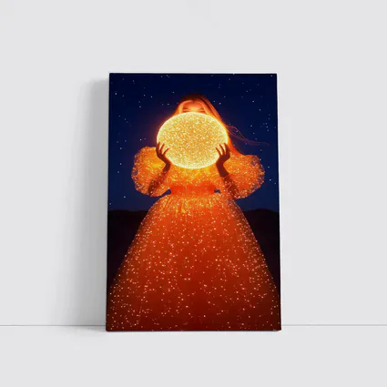 Woman Holding Glowing Orb Starry Night