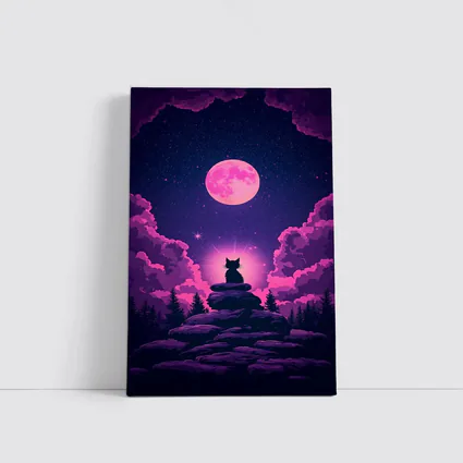 Cat Silhouette Pink Moon Night Sky