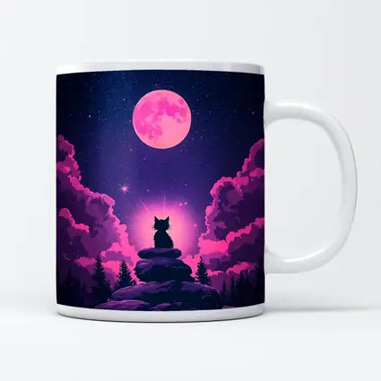 Cat Silhouette Pink Moon Night Sky