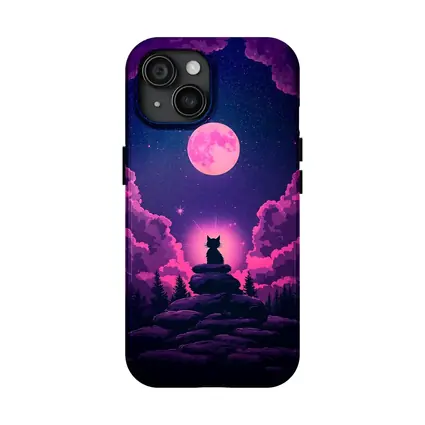 Cat Silhouette Pink Moon Night Sky