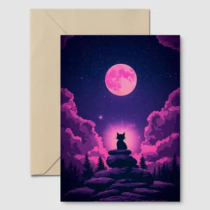 Cat Silhouette Pink Moon Night Sky
