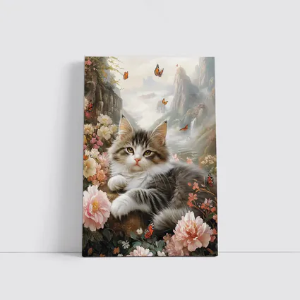 Fluffy Kitten With Peonies and Butterflies