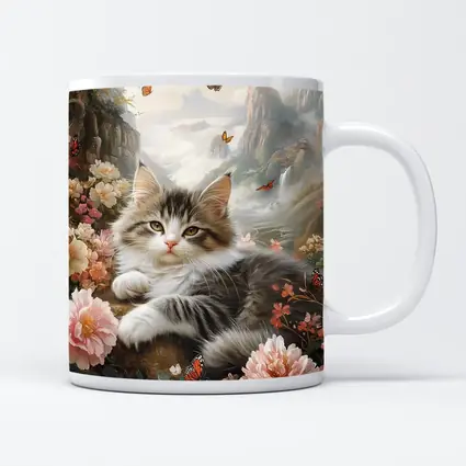 Fluffy Kitten With Peonies and Butterflies