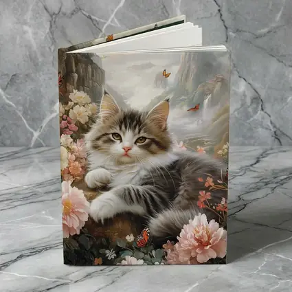 Fluffy Kitten With Peonies and Butterflies