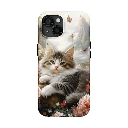 Fluffy Kitten With Peonies and Butterflies